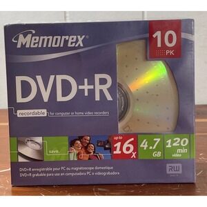 NEW Factory Sealed Memorex DVD+R 10PK 120 MIN Discs With Jewel Cases Multi-Color